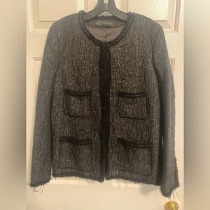 Stylish Zara Woman Designer Like Black Textured Blazer w/ Fringe Trim Sz L